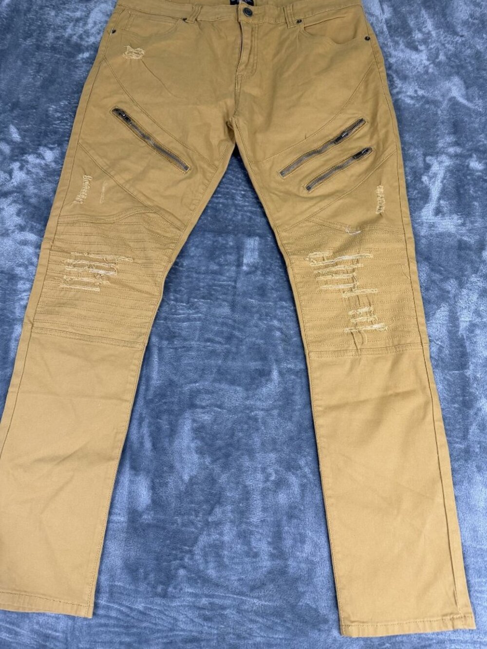 Black Premium Mens Tan Distressed Skinny Moto Zip Pocket Jeans 36x32
